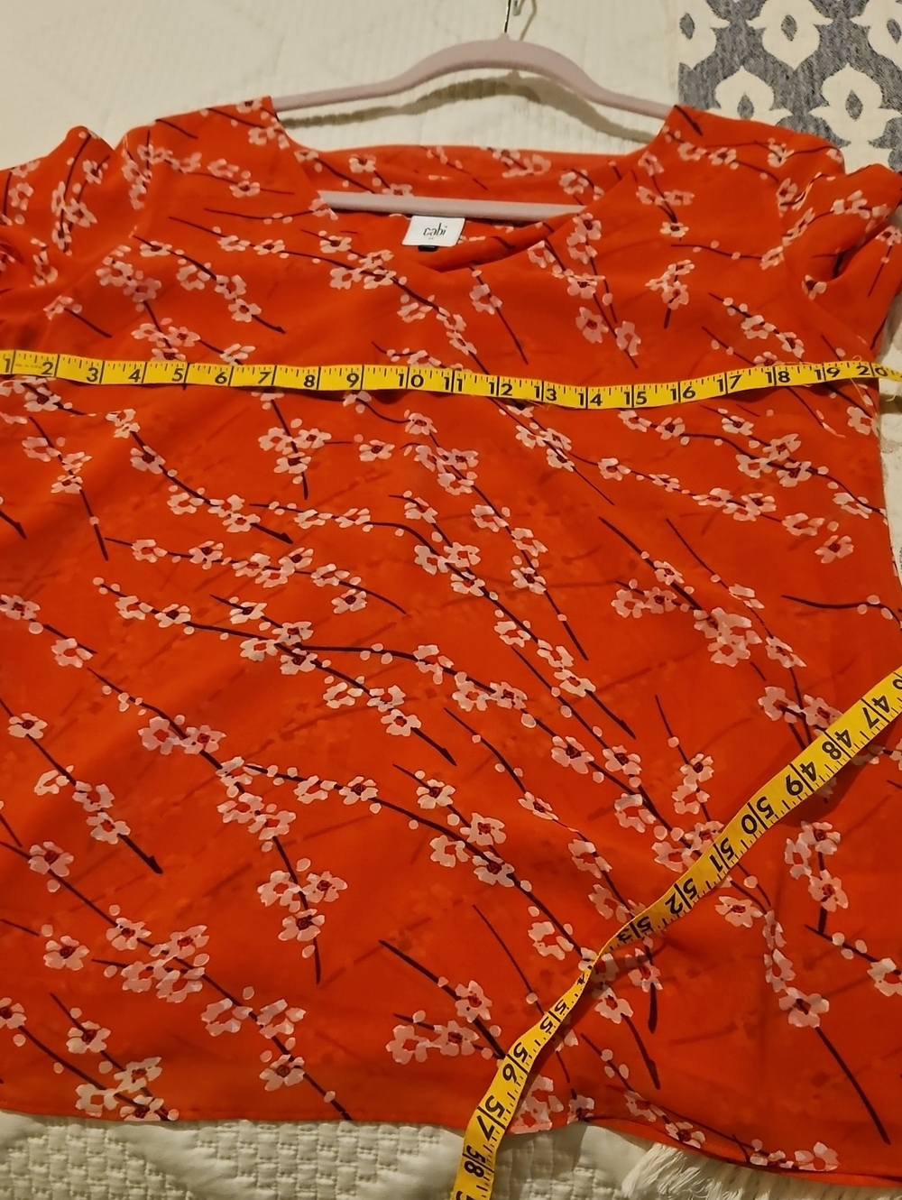 CAbi Orange-Red Floral V-Neck Short Sleeve Blouse - Picture 4 of 5